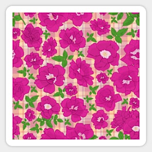 Retro Ramblin' Rose Pink and Green on Pink and Orange Plaid Sticker